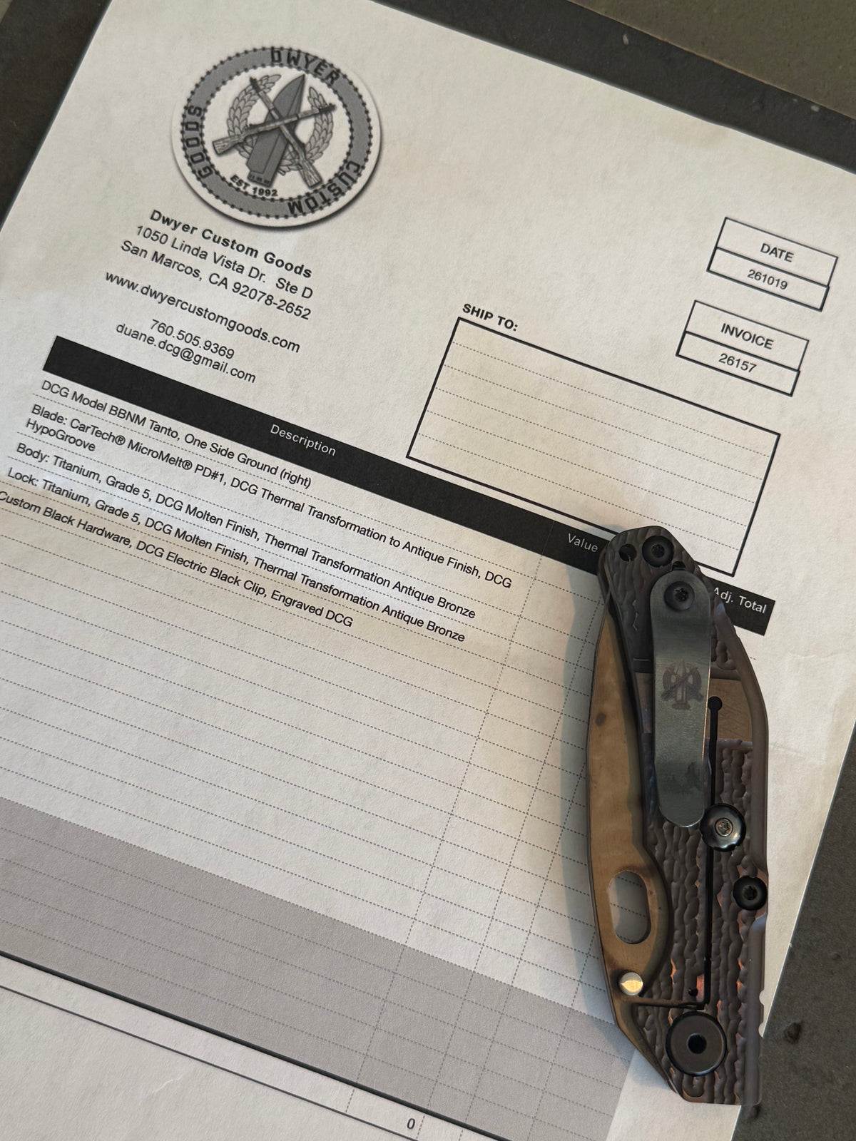 Duane Dwyer Custom Goods BBN-M Tanto – PD1 Steel – DCG Molten Titanium – Antique Bronze
