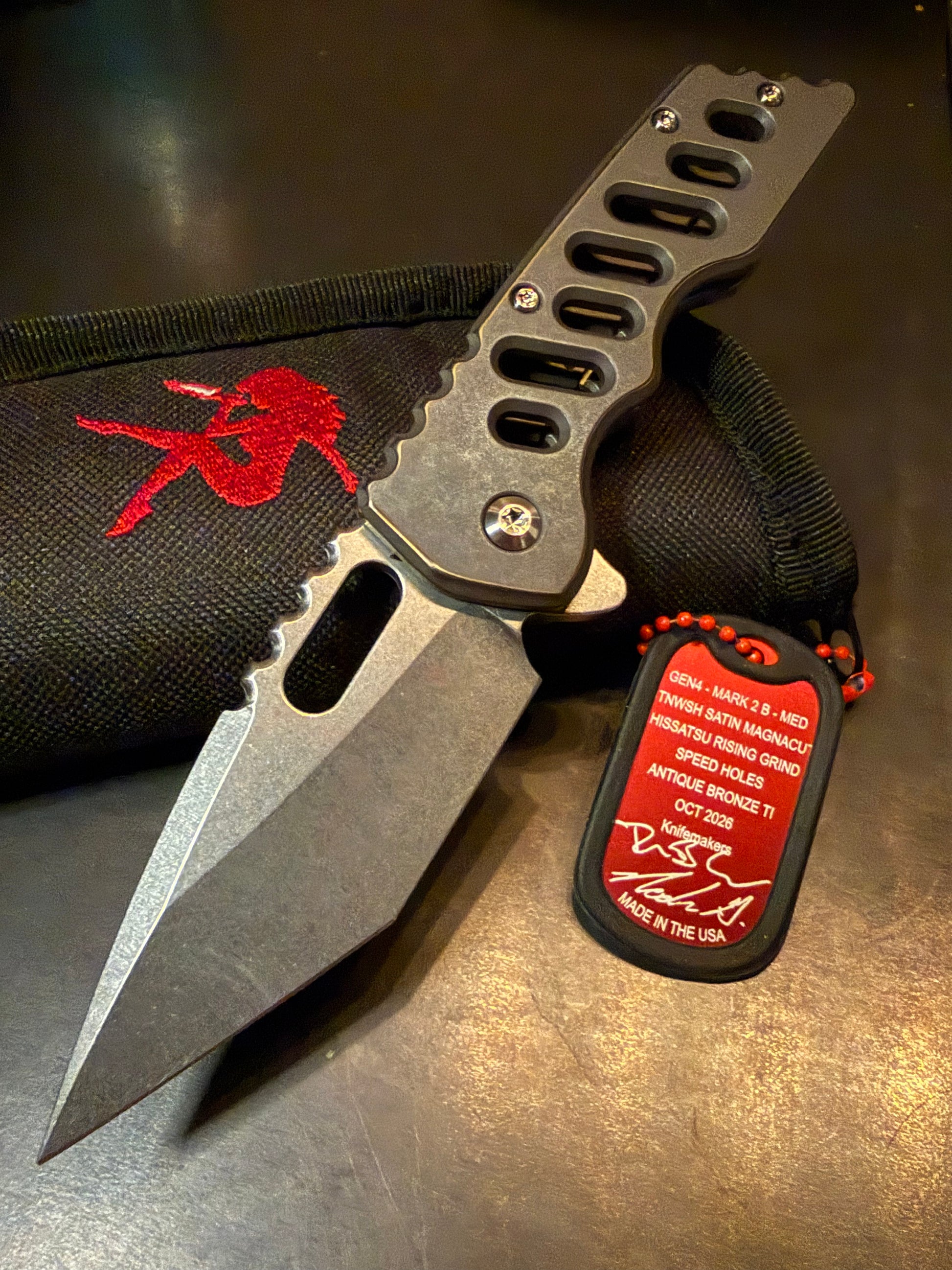 A2D MK2 B-MED Gen 4 MagnaCut Hissatsu rising grind folding knife with Antique Bronze titanium Speedholes handle
