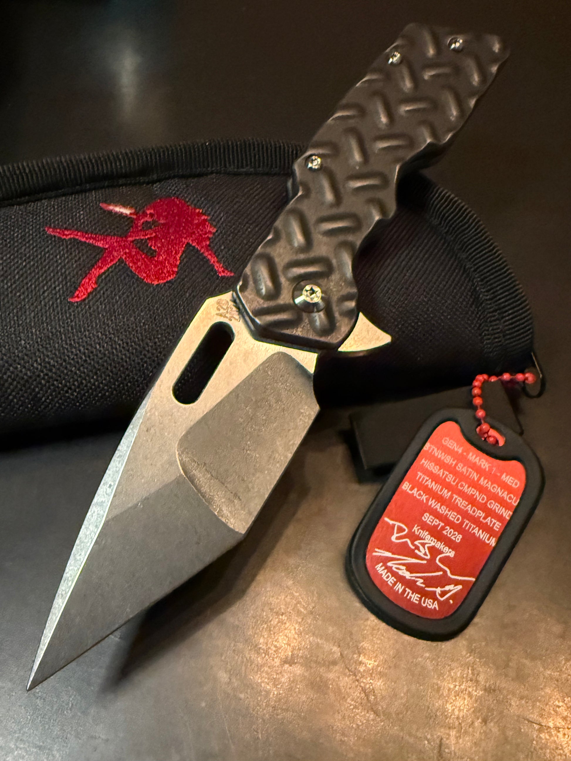 A2D Mark 1 MED Gen 4 MagnaCut Hissatsu compound grind folding knife with Black Washed Titanium Treadplate handle