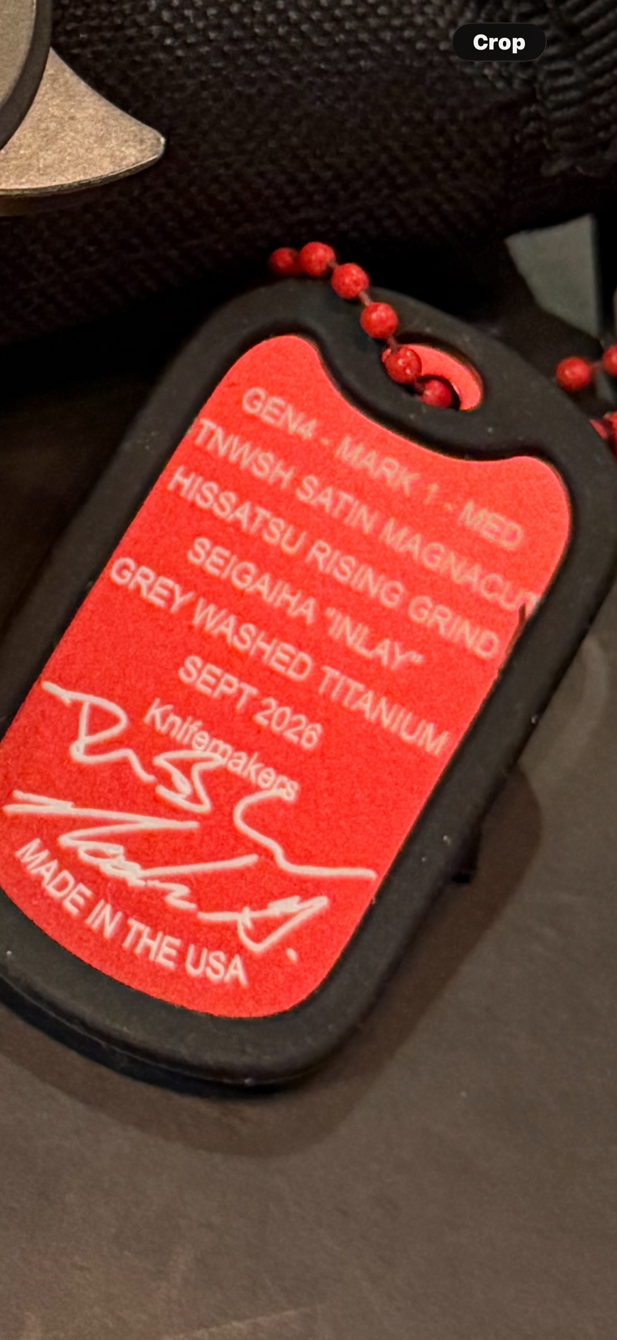 A2D Mark 1 MED Gen 4 September 2026 maker tag confirming MagnaCut Hissatsu Rising Grind and Seigaiha greywashed titanium