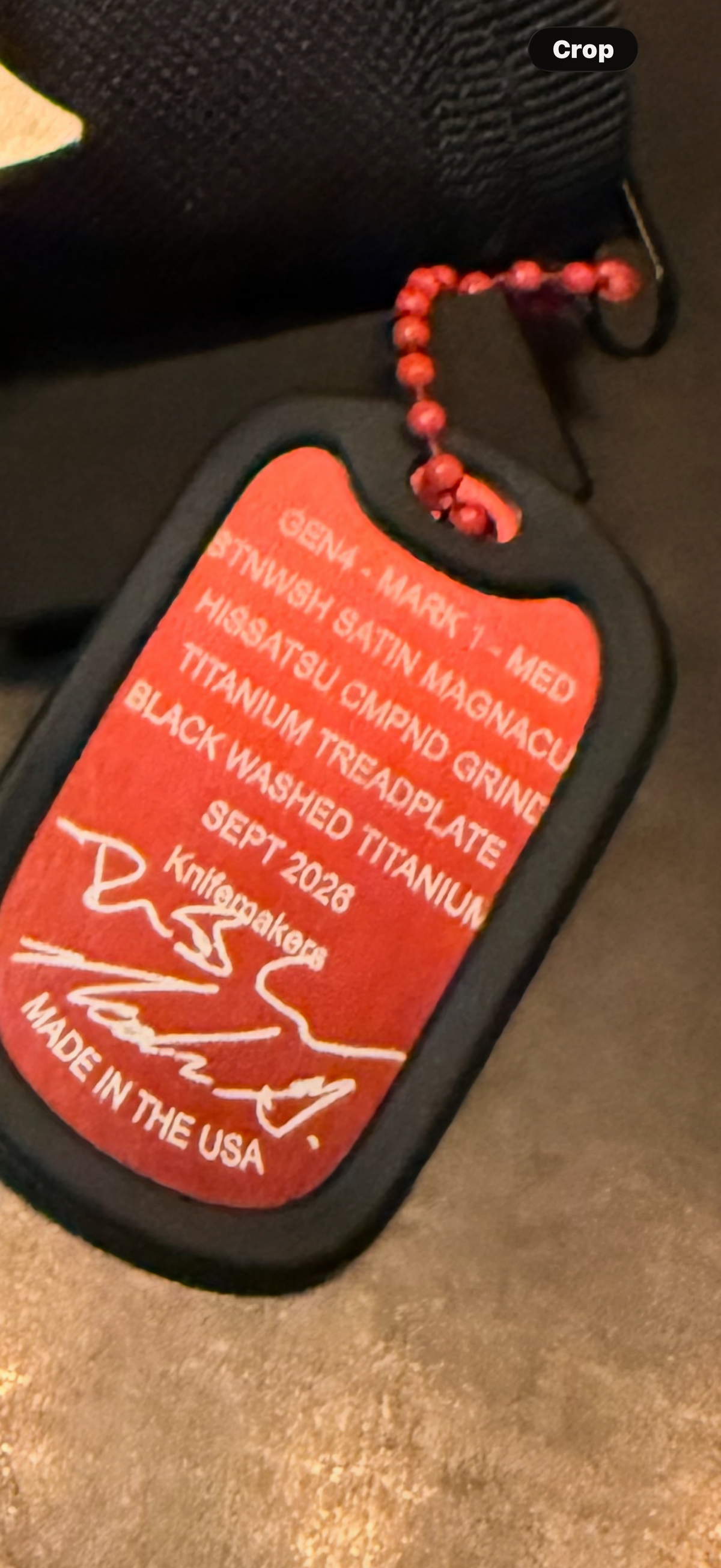A2D Mark 1 MED Gen 4 September 2026 maker tag confirming MagnaCut Hissatsu compound grind and Black Washed Titanium Treadplate