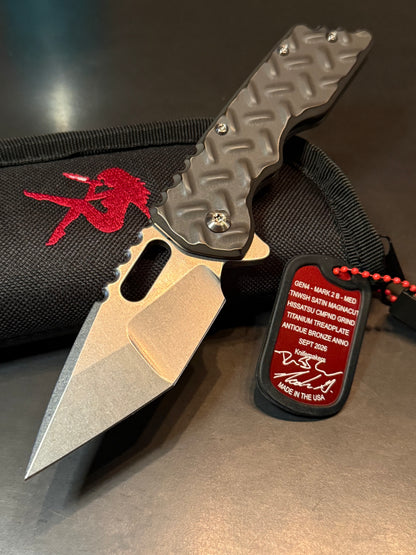 A2D Mark 2 B-MED Gen 4 MagnaCut Hissatsu compound grind knife with Antique Bronze titanium Treadplate handle