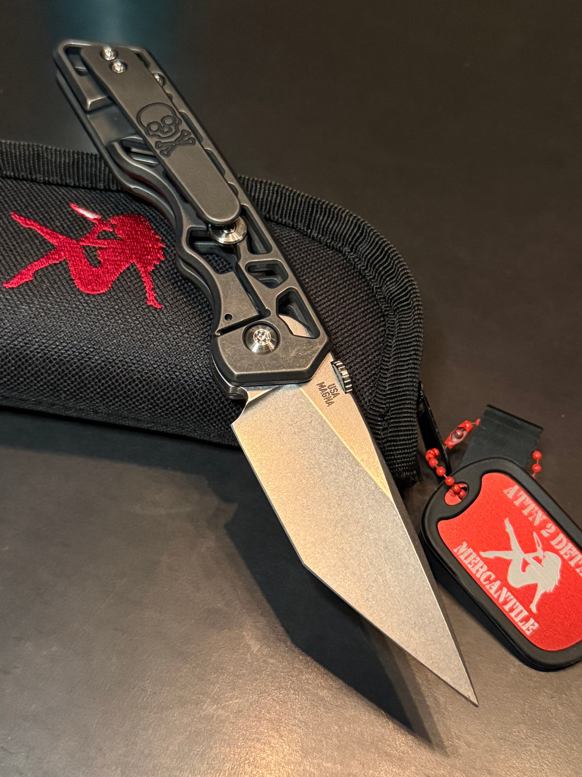 A2D Mark 3 MED Gen 4 MagnaCut Hissatsu folding knife with blackened skeletonized titanium Skelly handle and satin stonewashed blade
