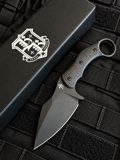 Borka Blades SRambit fixed blade knife with black PVD 3.6-inch M390 drop point blade and carbon fiber handle, designed by Sebastijan Berenji.