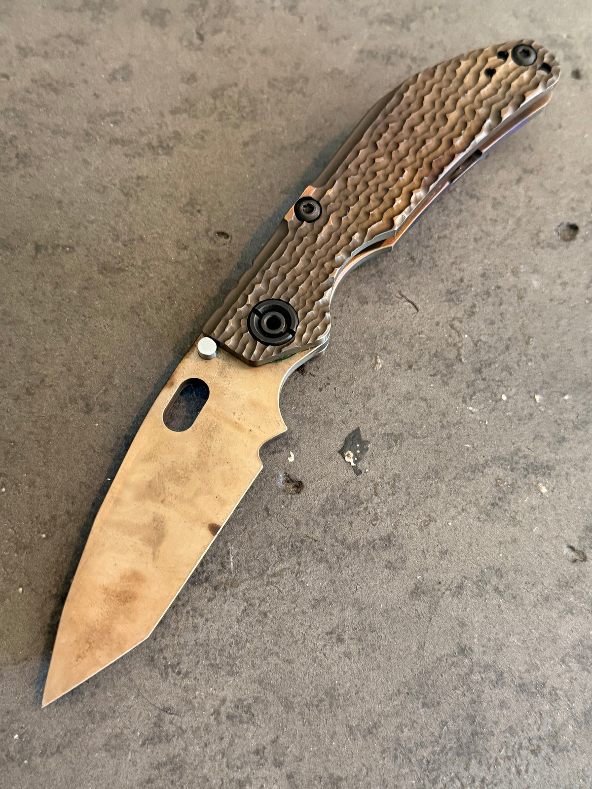 Duane Dwyer Custom Goods BBN-M Tanto with PD1 blade, antique thermal finish and DCG Molten titanium handle.