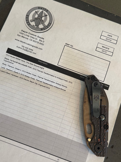 Duane Dwyer Custom Goods BBN-M Tanto – PD1 Steel – DCG Molten Titanium – Antique Bronze