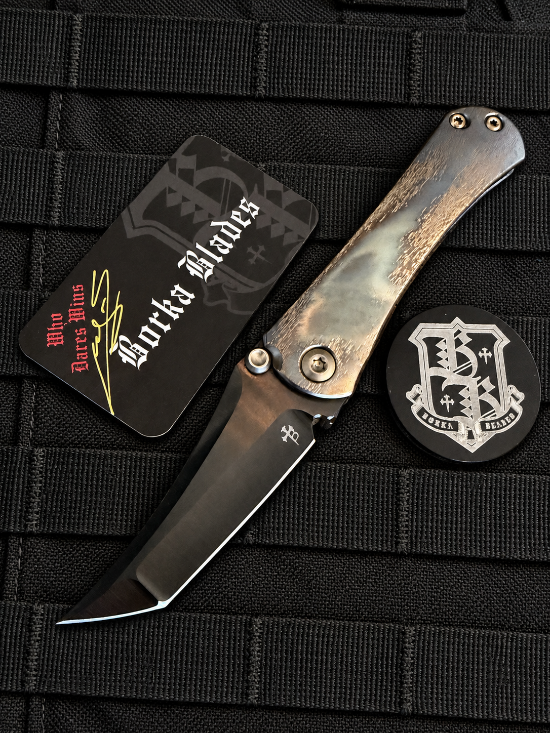 Open, presentation side
Borka Blades SBHF by Sebastijan Berenji and Sean Marfione featuring a hand-ground black DLC M390 blade and Cosmic DLC titanium handle.