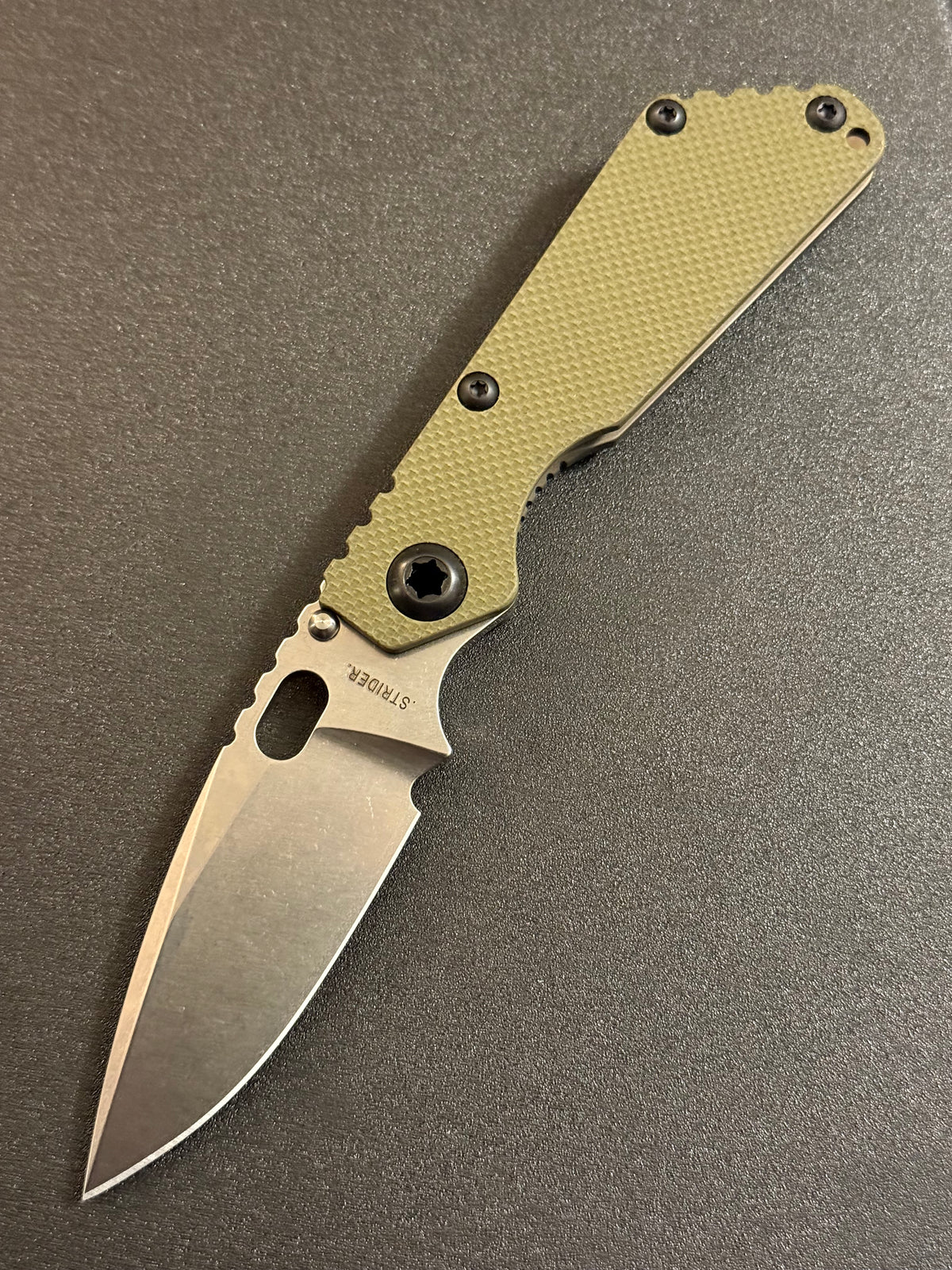 Strider Classic Line knife with OD Green G10 handle and stonewashed MagnaCut spearpoint blade