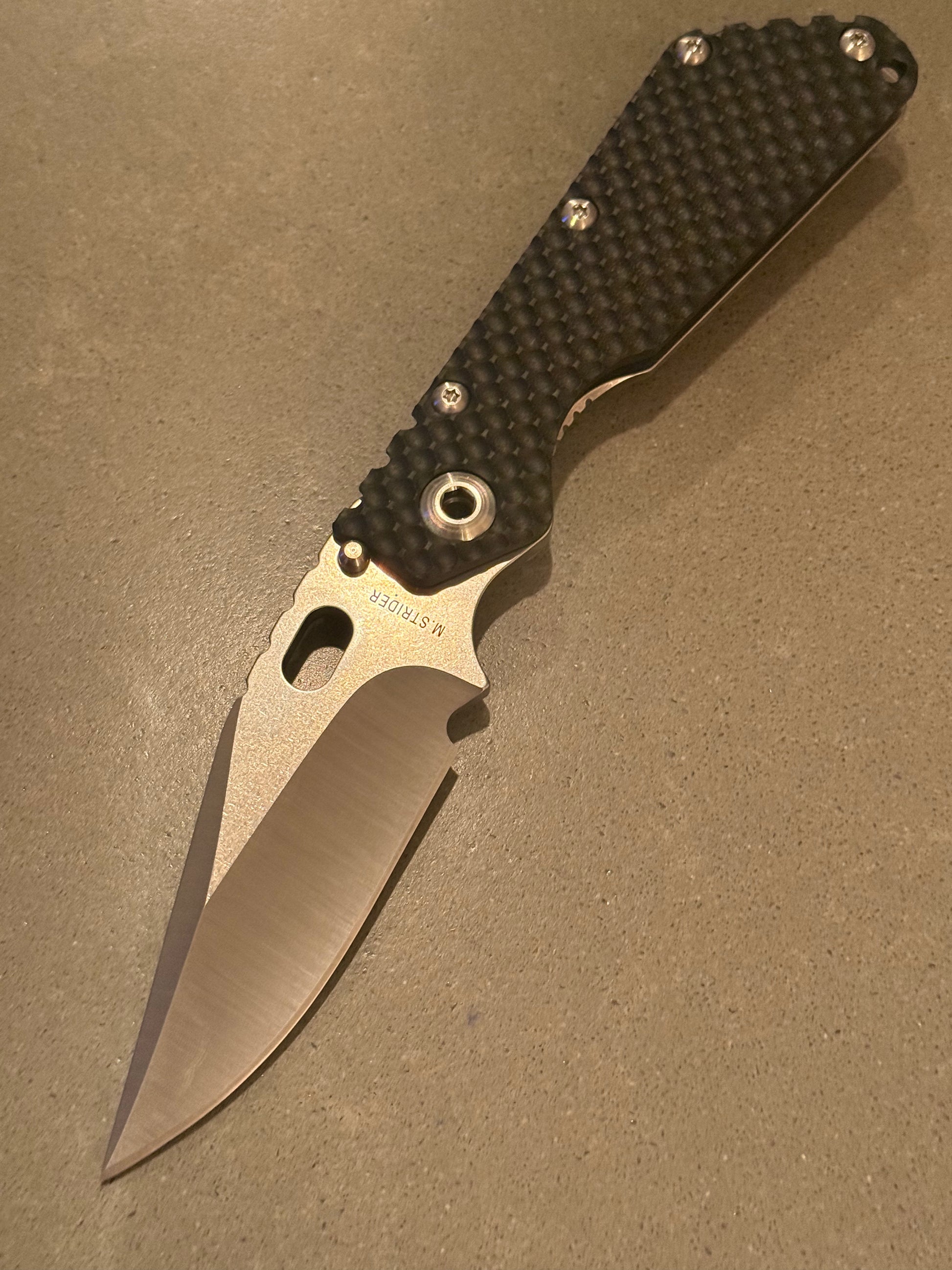 Strider SMF DGG Double Gunner Grip with hand-ground satin Bowie S30V blade and textured black G10 presentation side.